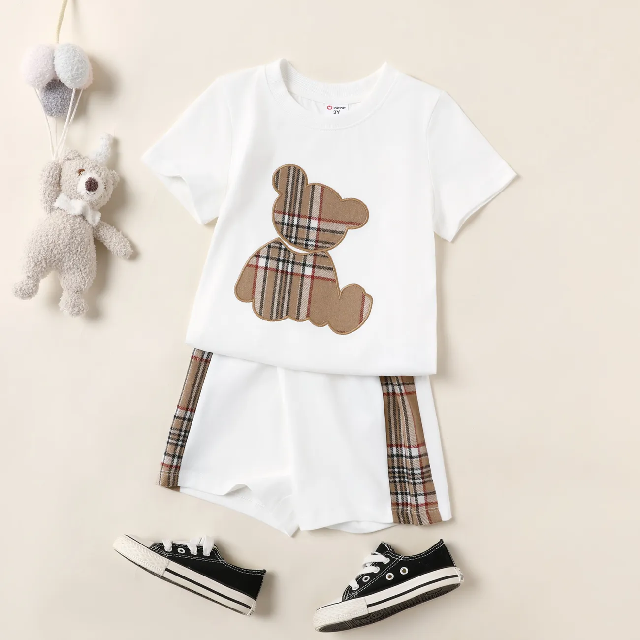 2pcs Toddler Boy Bear Embroidered Cotton Short-sleeve Tee and Plaid Splice Shorts Set White big image 1
