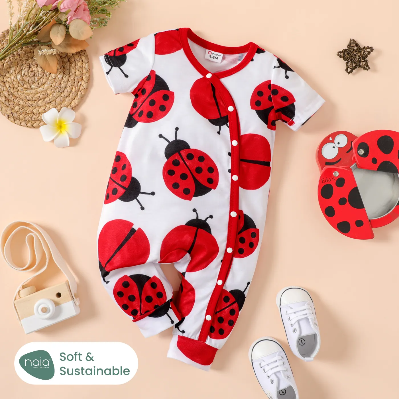 Naiatm Baby Girl Allover Bee/Ladybird Print Short-sleeve Jumpsuit