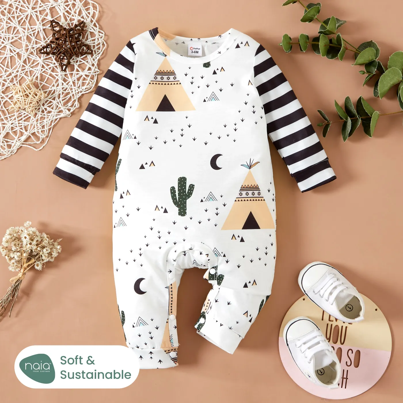 Naia™ Baby Boy/Girl Striped Long-sleeve Spliced Allover Print Jumpsuit