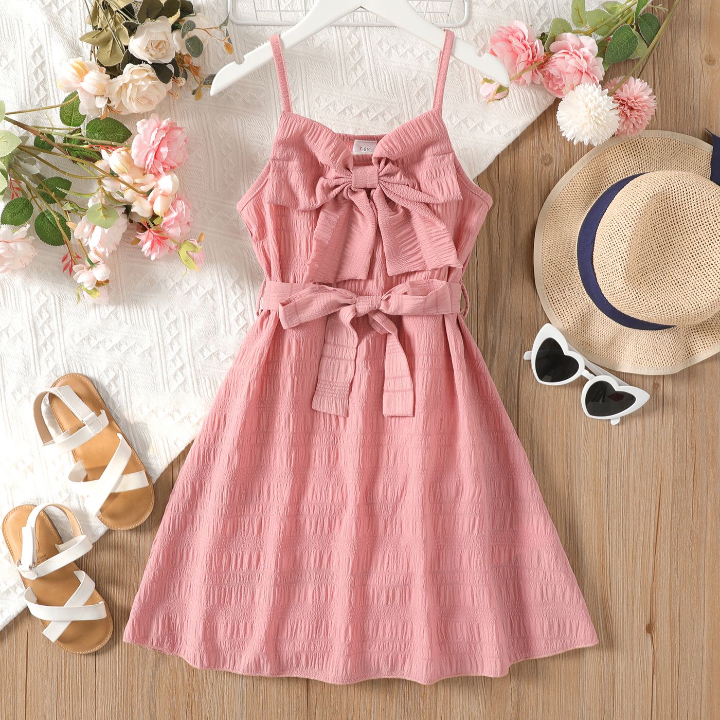 

Kid Girl Bow Decor Textured Slip Dress