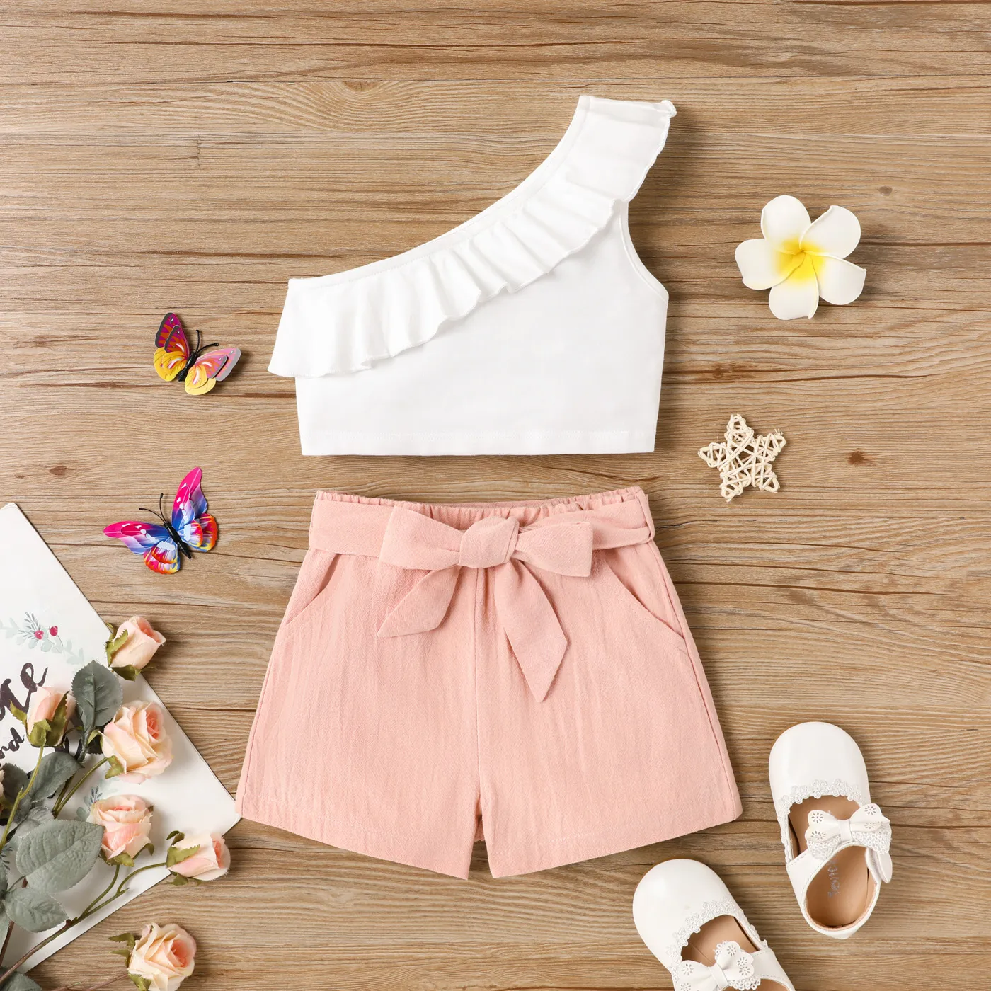 2Pcs Toddler Girl Cotton Cold Shoulder Ruffled Cotton Tank Top and Belted Shorts Set  big image 1