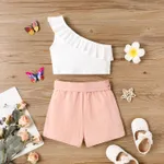 2Pcs Toddler Girl Cotton Cold Shoulder Ruffled Cotton Tank Top and Belted Shorts Set  image 2
