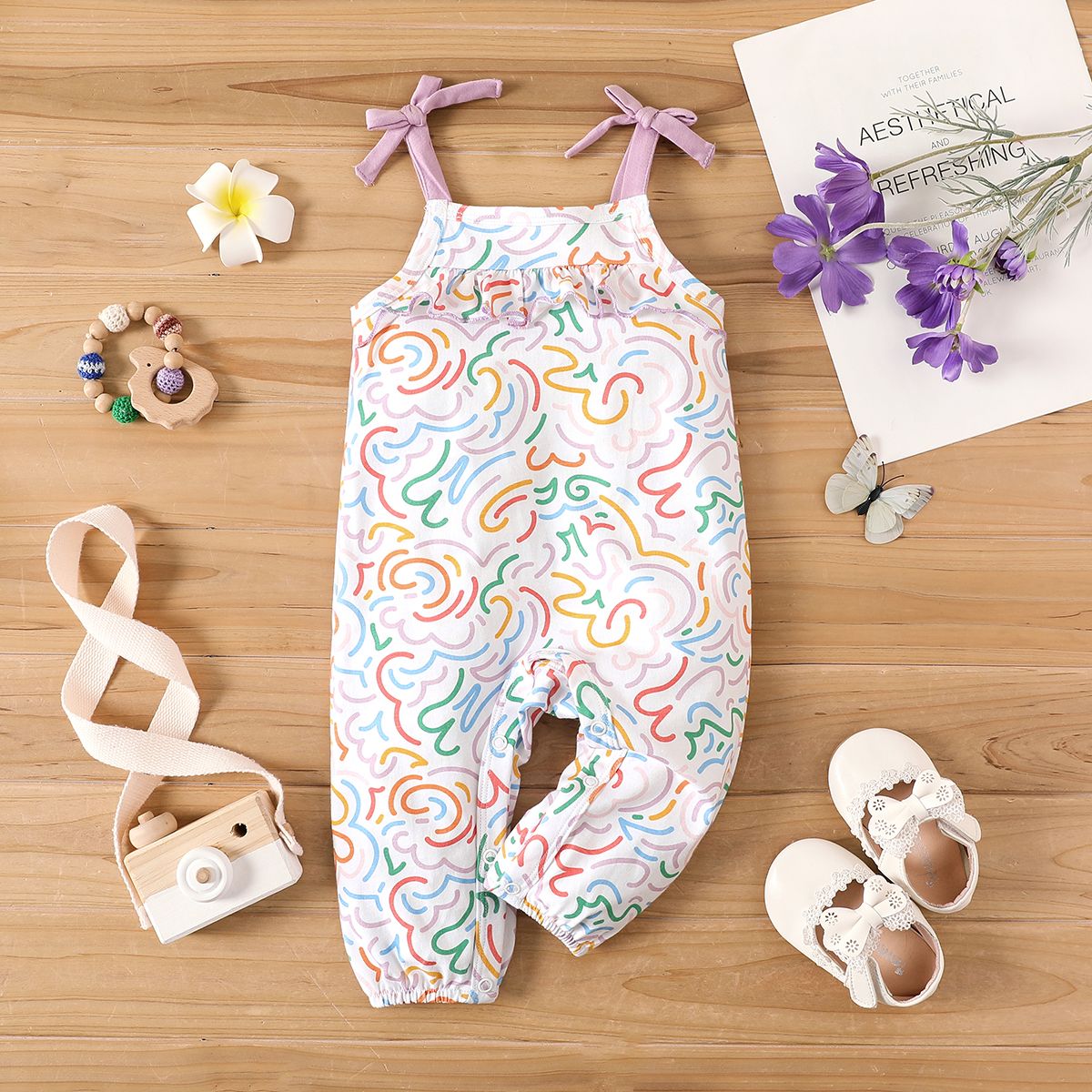 

Baby Girl 100% Cotton Allover Colorful Print Cami Jumpsuit