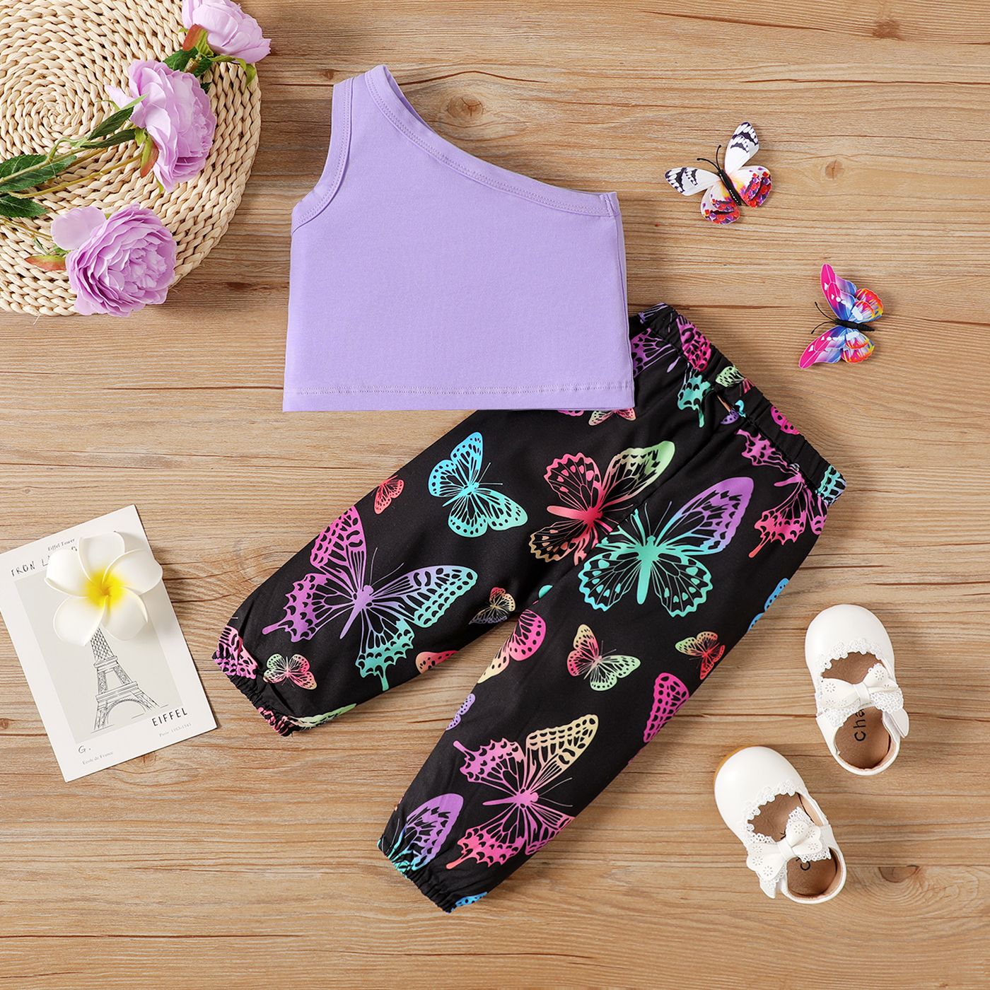 

2pcs Baby Girl 95% Cotton Solid One Shoulder Tank Top and Allover Colorful Butterfly Print Pants Set