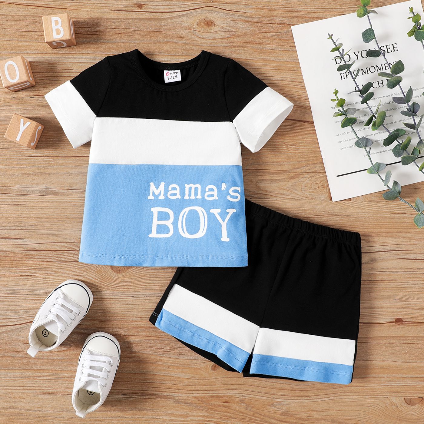 

2pcs Baby Boy Cotton Short-sleeve Letter Print Colorblock Short-sleeve Tee & Shorts Set