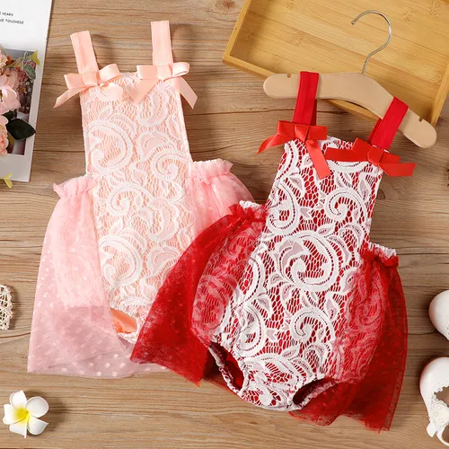 Baby Girl 95% Cotton Lace Textured Sleeveless Mesh Party Dress Romper