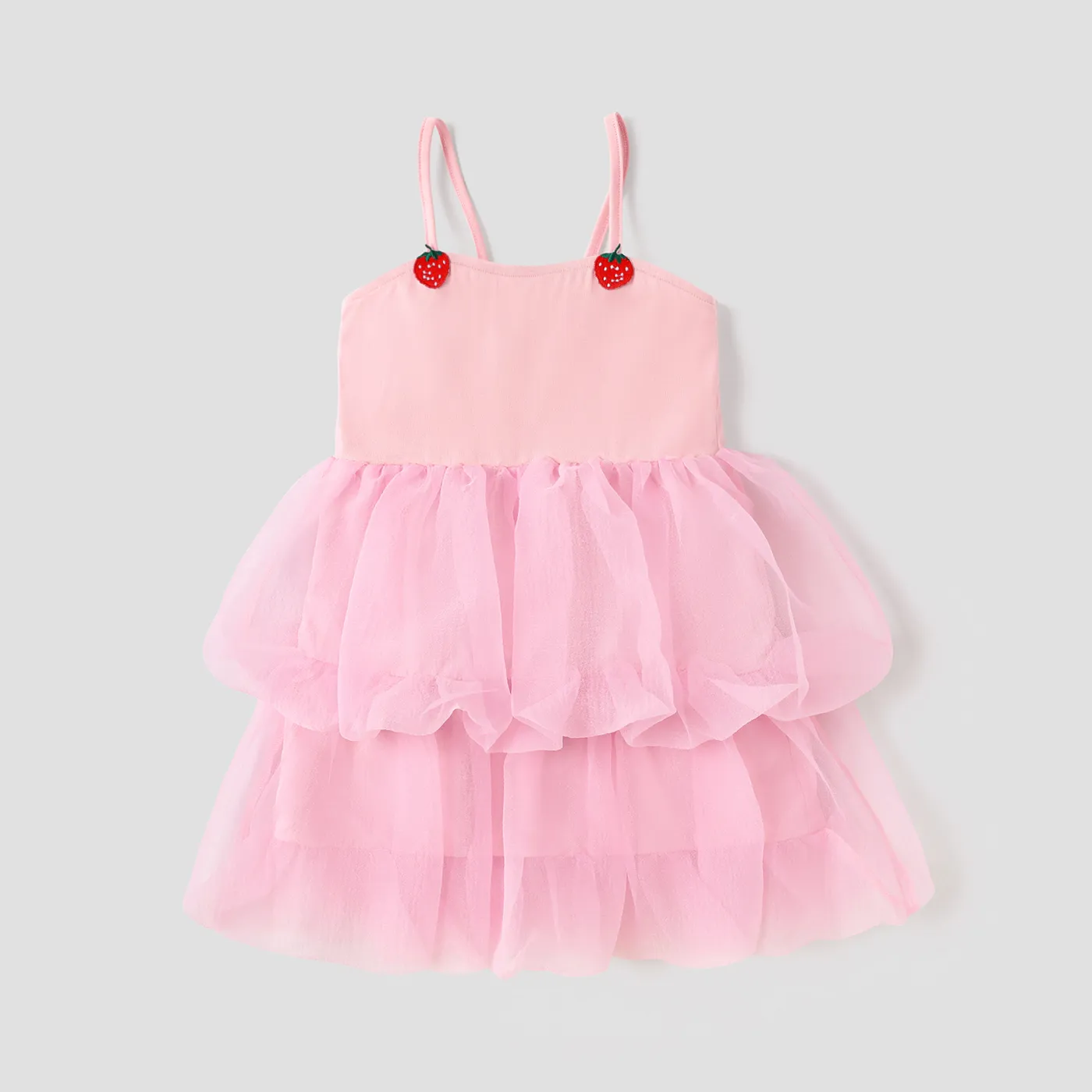 Toddler Girl Strawberry Graphic Layered Mesh Combo Slip Dress Pink big image 1