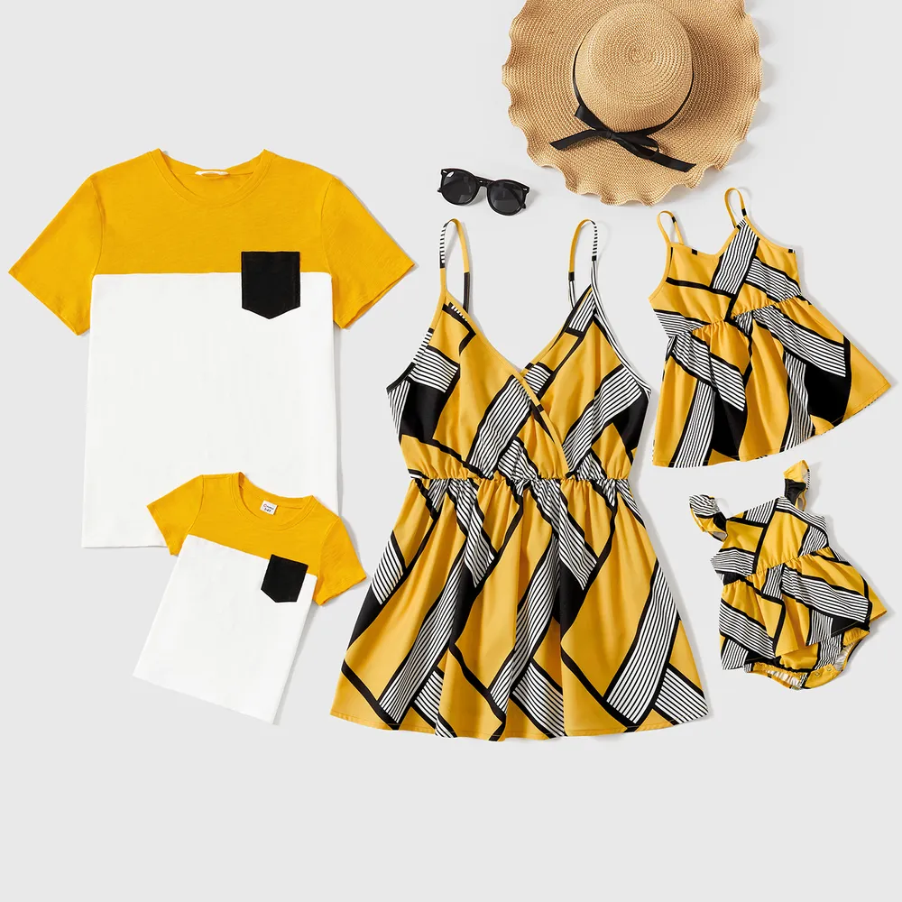 Family Matching Cotton Colorblock Short-sleeve Tee and Allover Geo Print Cami Tops  big image 2