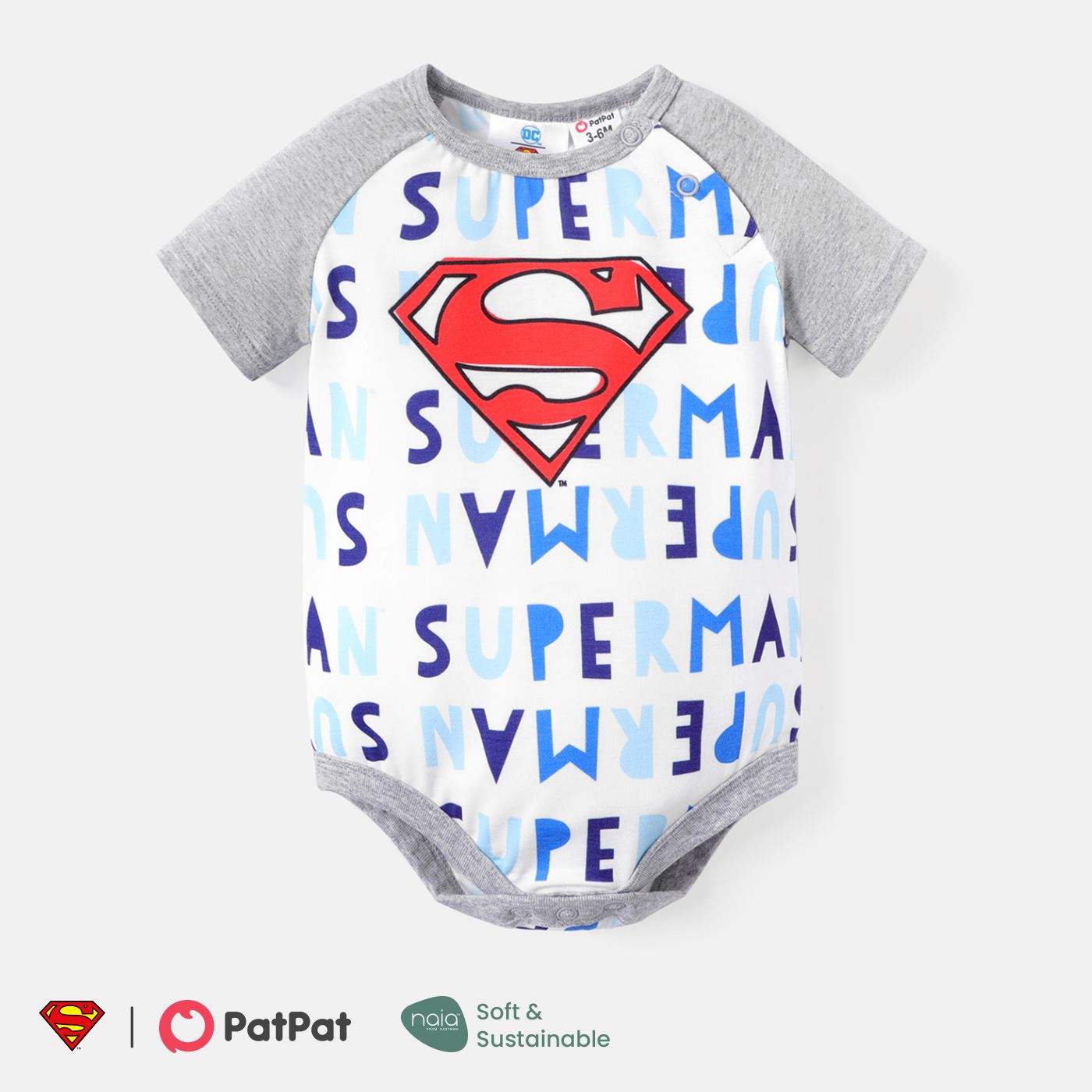 

Justice League Baby Boy Raglan Sleeve Allover Letter Print Naia™ Romper