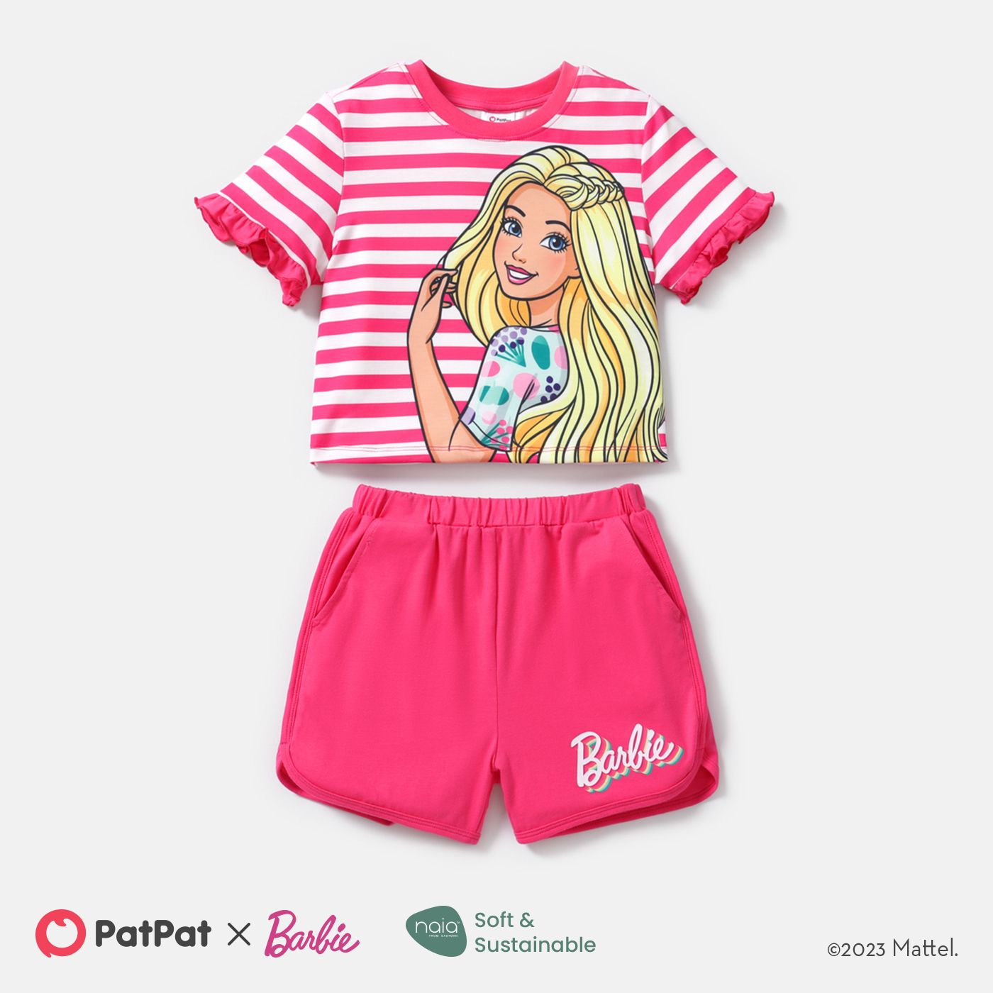 

Barbie 2pcs Toddler/Kid Girl Naia Stripe Short-sleeve Tee and Cotton Shorts Set