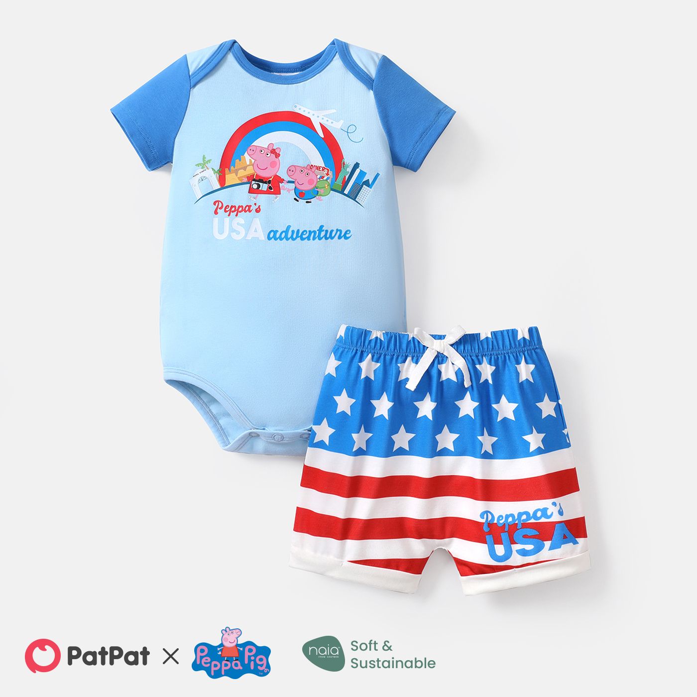 

Peppa Pig Baby Boy 2pcs Independence Day Cotton Short-sleeve Graphic Romper and Naia™ Shorts Set
