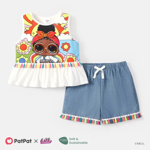 LOL Surprise Kid Girl 2pcs Graphic Print Naia™ Tank Top and Fringe Design Denim Shorts Set