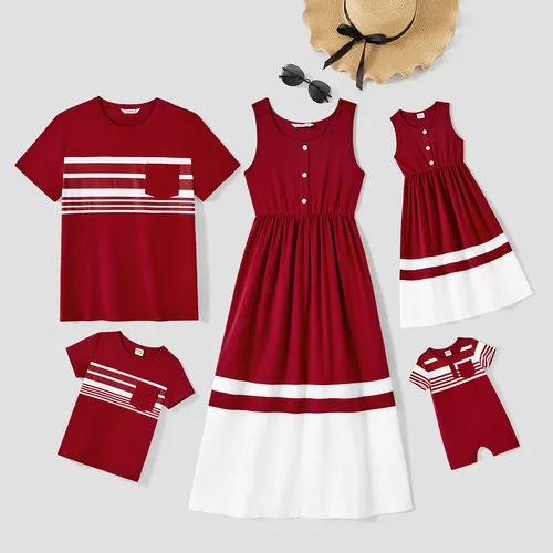 Family Matching Cotton Short-sleeve Spliced Striped Naia™ T-shirts and Button Front Tank Dresses Sets