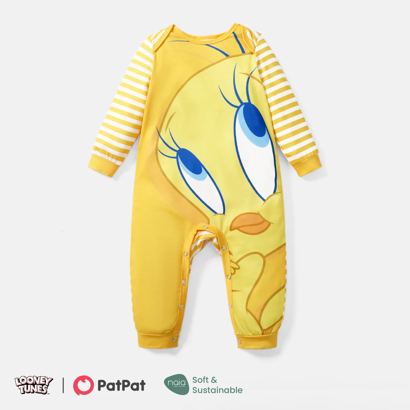 Looney Tunes Baby Boy/Girl Cartoon Animal Print Striped Long-sleeve Naia™ Jumpsuit yellowwhite