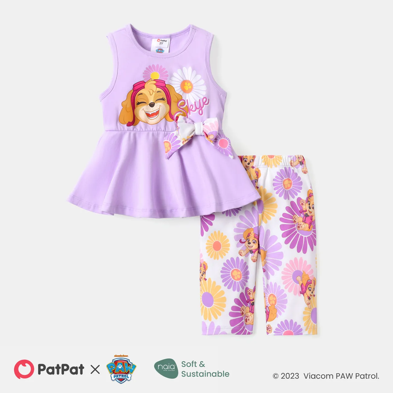 PAW Patrol 2pcs Toddler Girl Cotton Bowknot Design Sleeveless Tee and Naia Floral Print Shorts Set  big image 1