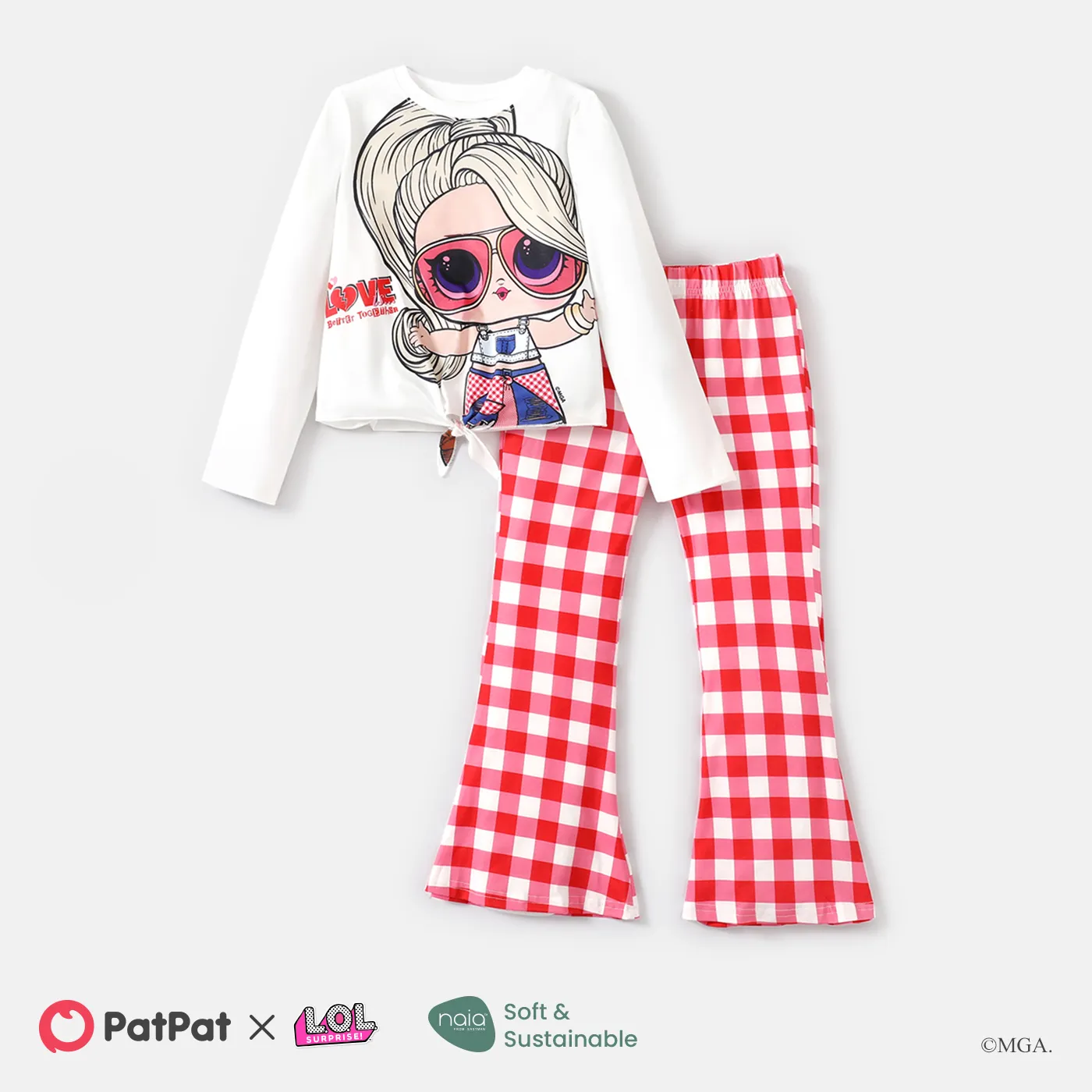 

L.O.L. SURPRISE! Kid Girl 2pcs Mother's Day Tie Knot Tee and Heart Print/Plaid Flared Pants Set