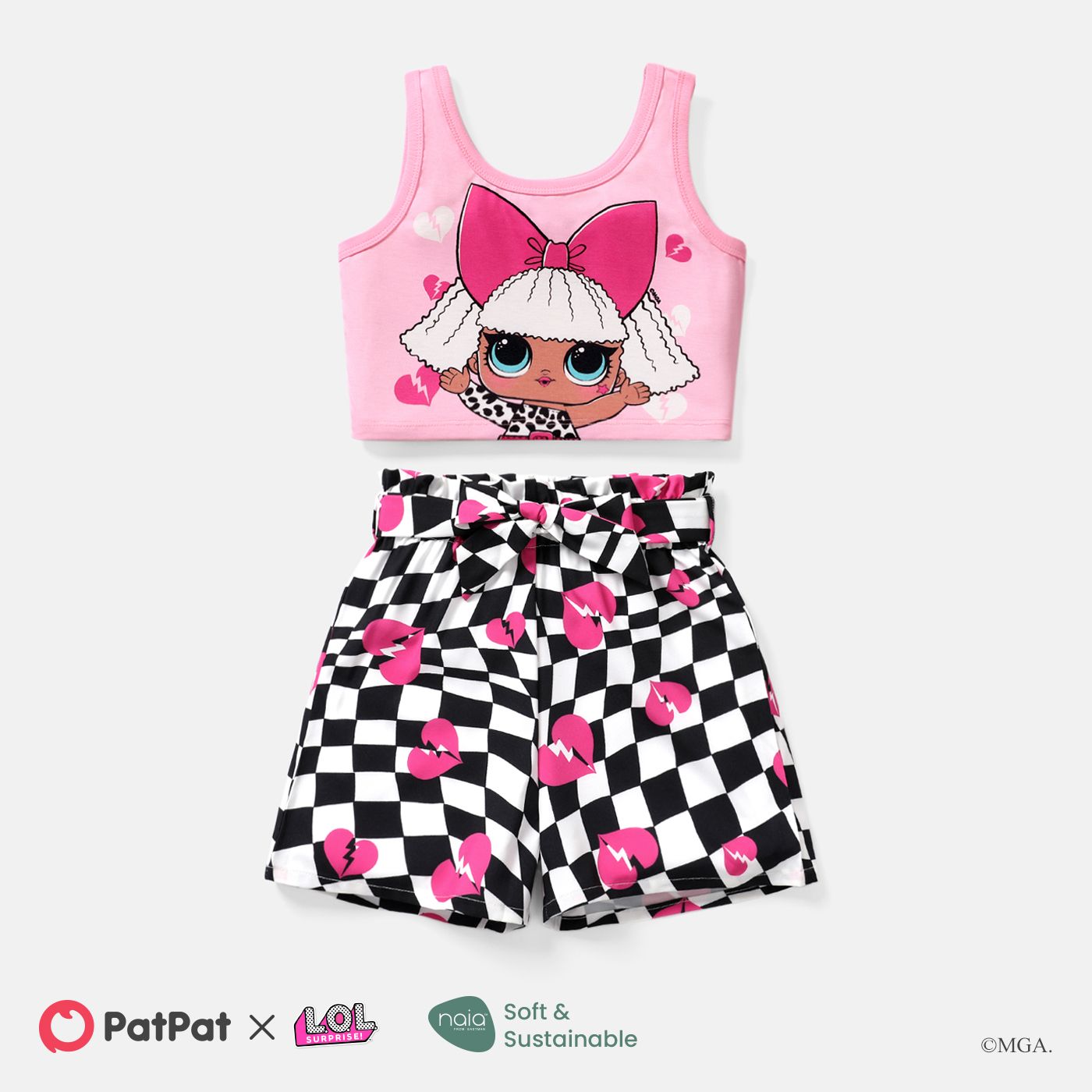 

L.O.L. SURPRISE! 2pcs Kid Girl Character Print Naia Sleeveless Tee and Plaid Belted Shorts Set