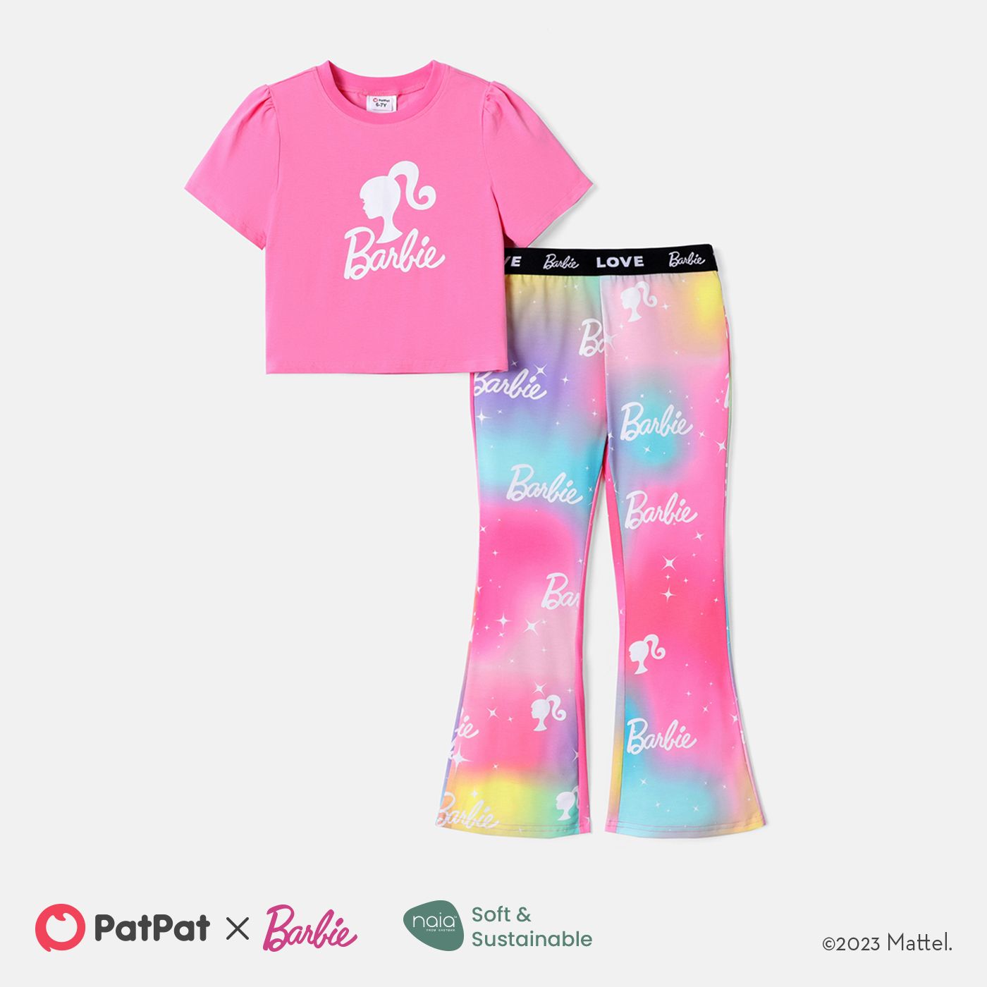 

Barbie Kid Girl 2pcs Mother's Day Short-sleeve Cotton Tee and Letter Print Flared Pants Set