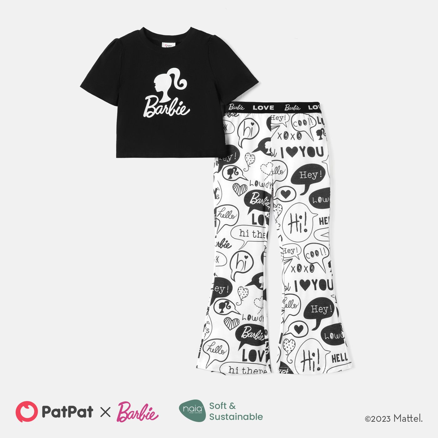 

Barbie Kid Girl 2pcs Mother's Day Short-sleeve Cotton Tee and Letter Print Flared Pants Set