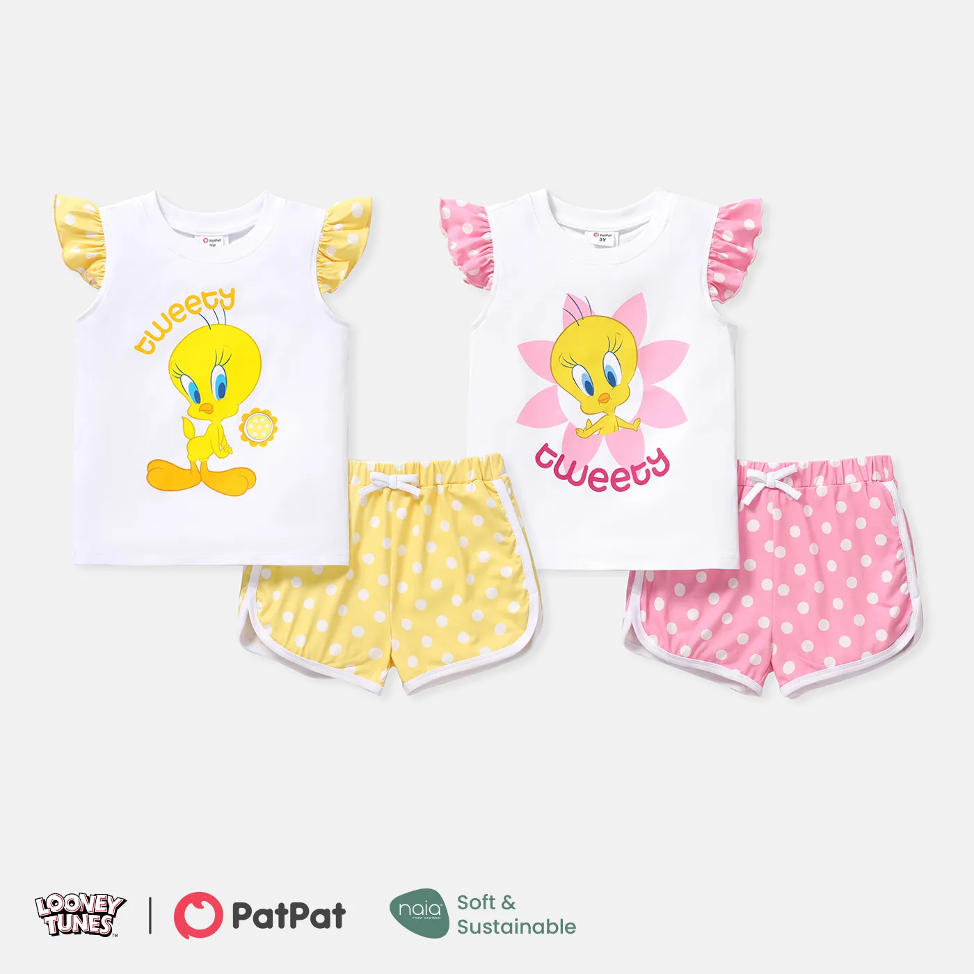 Looney Tunes 2pcs Toddler Girl Cotton Flutter-sleeve Tee and Naia Polka dots Shorts Set  image 6