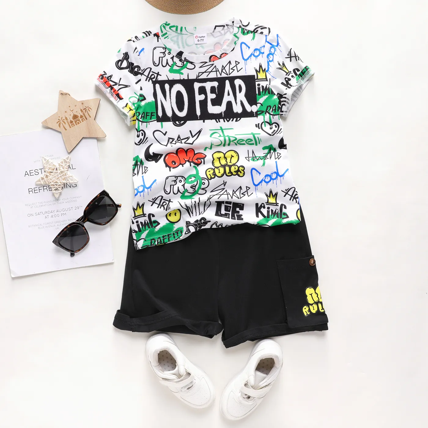 2Pcs Kid Boy Graffiti Print Short-sleeve Tee and 100% Cotton Shorts Set