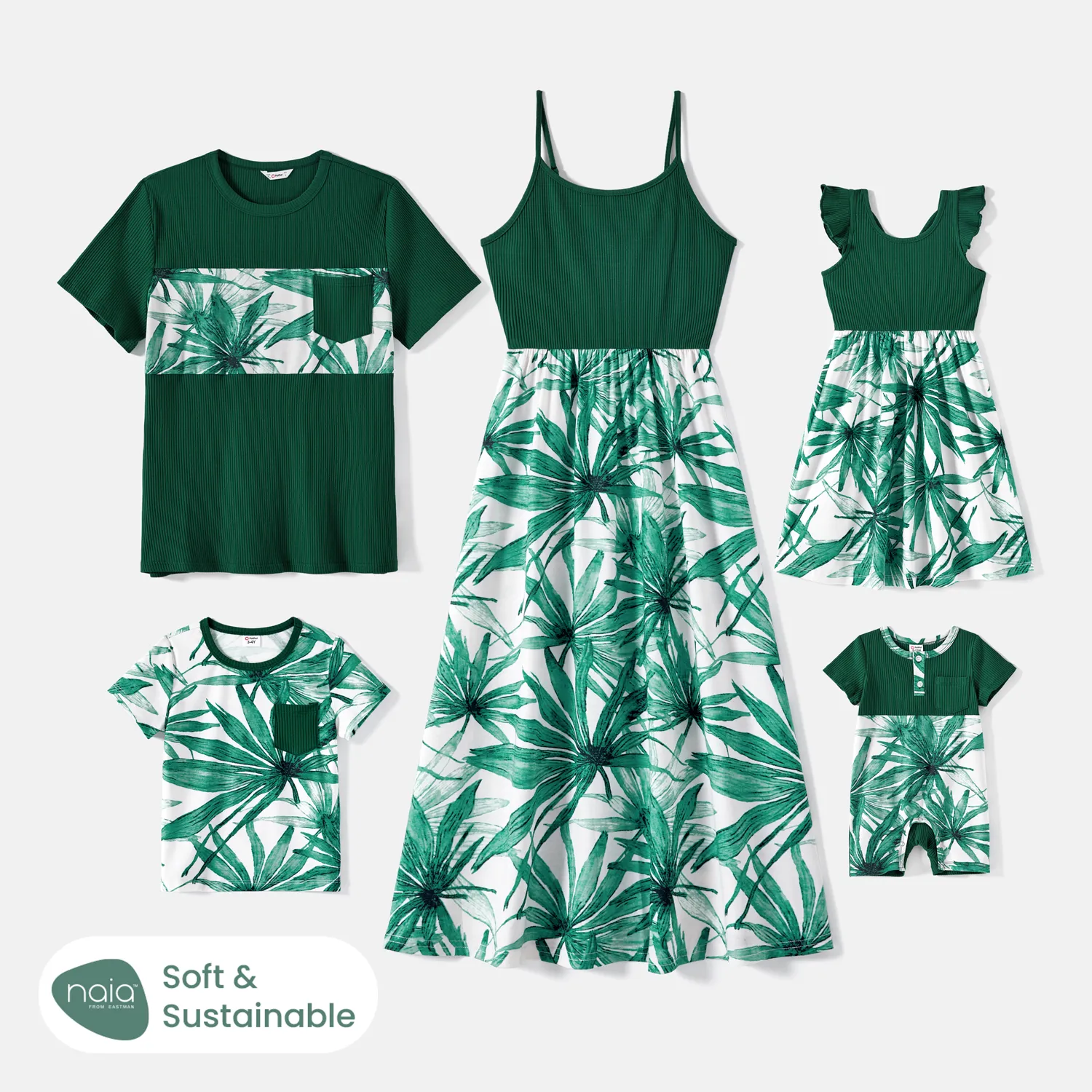 

Family Matching Cotton Short-sleeve T-shirts and Allover Plant Print Spliced Naia™ Cami Dresses Sets