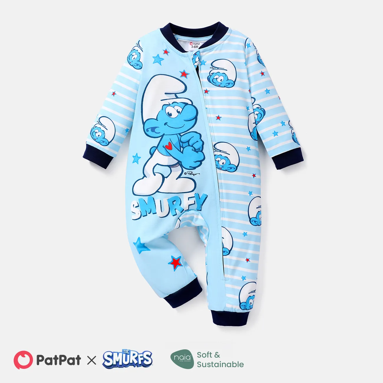 The Smurfs Baby Boy/Girl Allover Print Blue Striped Long-sleeve Zipper Naia™ Jumpsuit  big image 1
