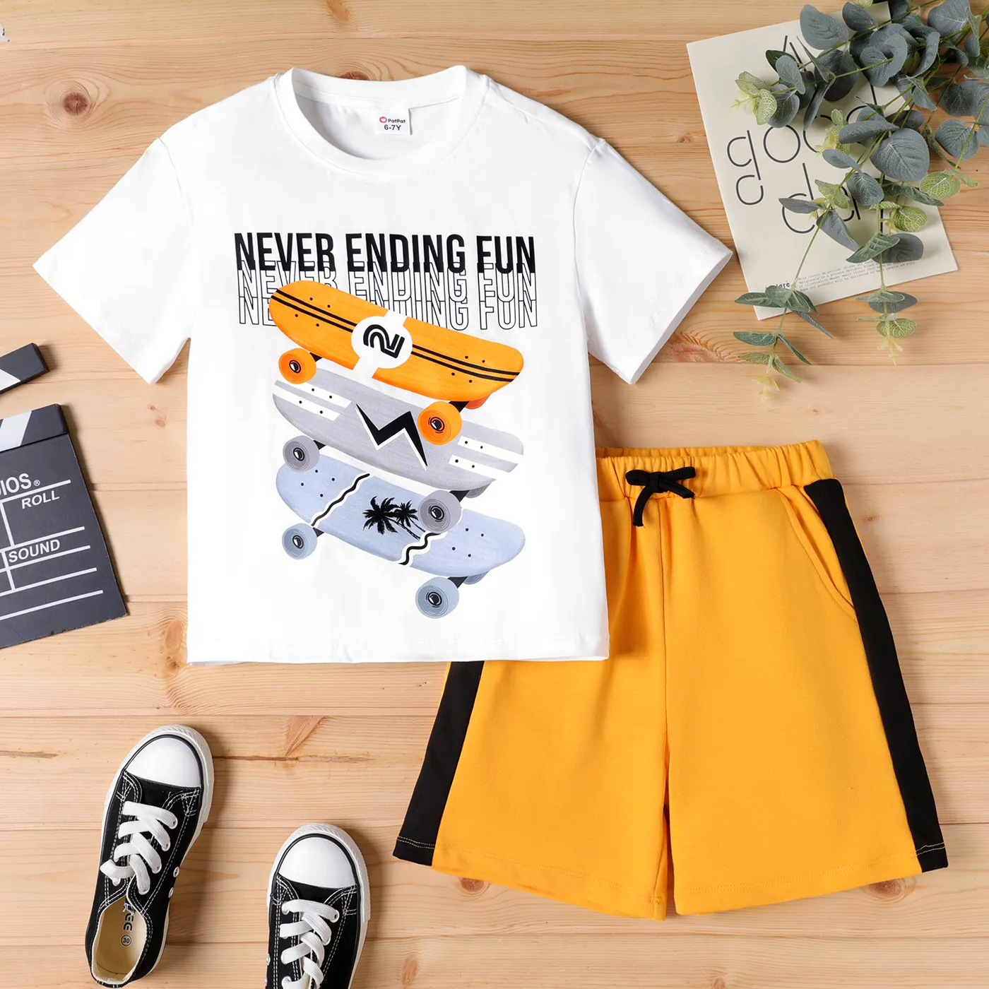 2pcs Tee-shirt à Manches Courtes Imprimé Skateboard Enfant Garçon Et Ensemble Short Uni