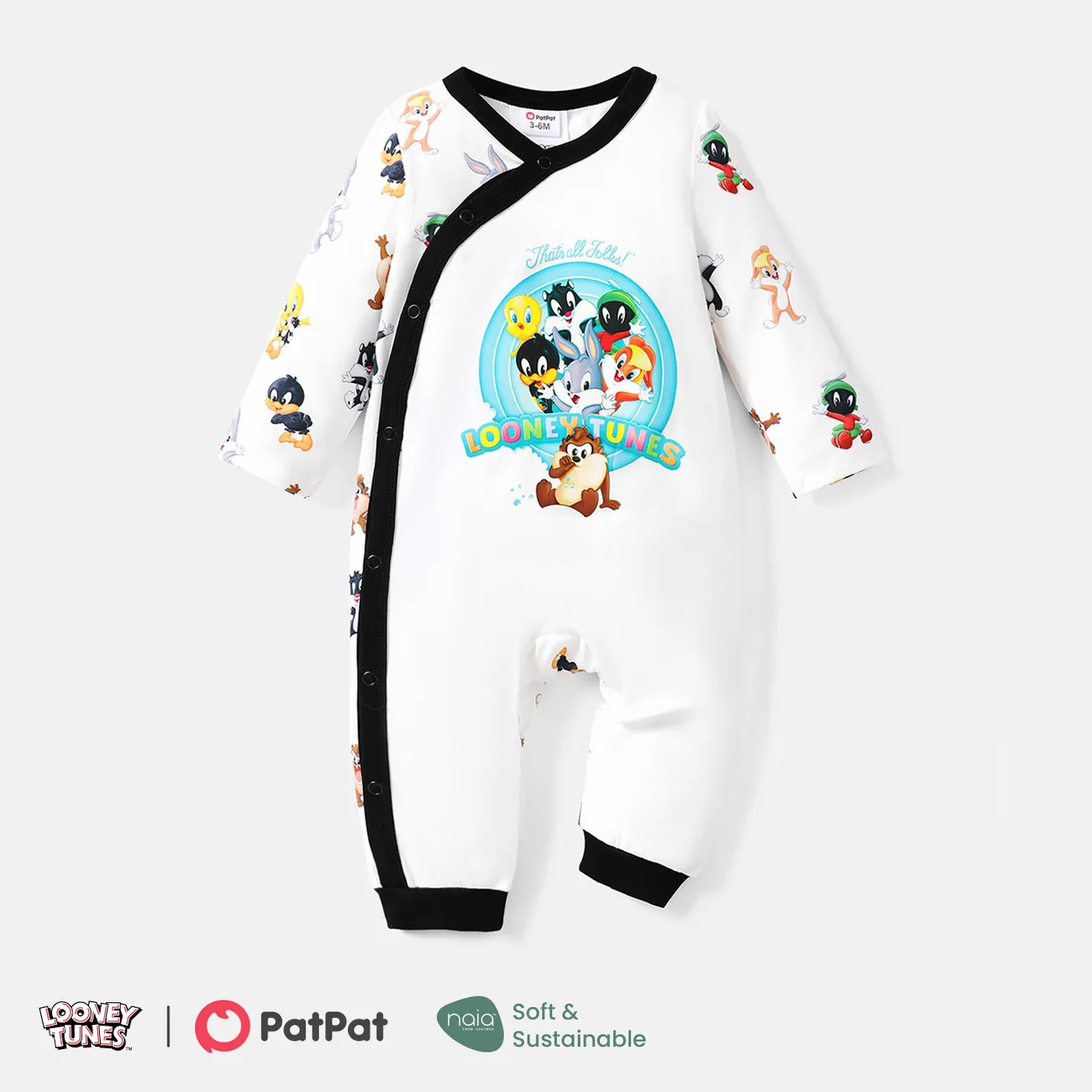 Looney Tunes Baby Boy/Girl Allover Print Long-sleeve Button Naia™ Jumpsuit White big image 1