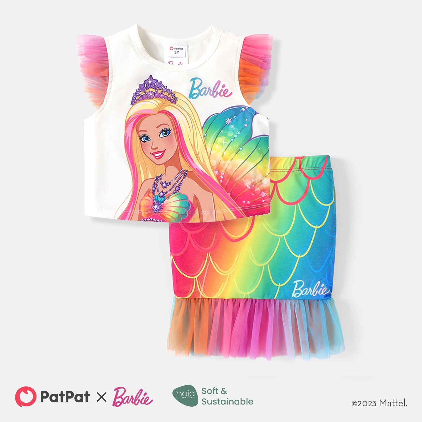 

Barbie 2pcs Toddler Girl Naia Flutter-sleeve Tee and Mesh Mermaid Skirt Set