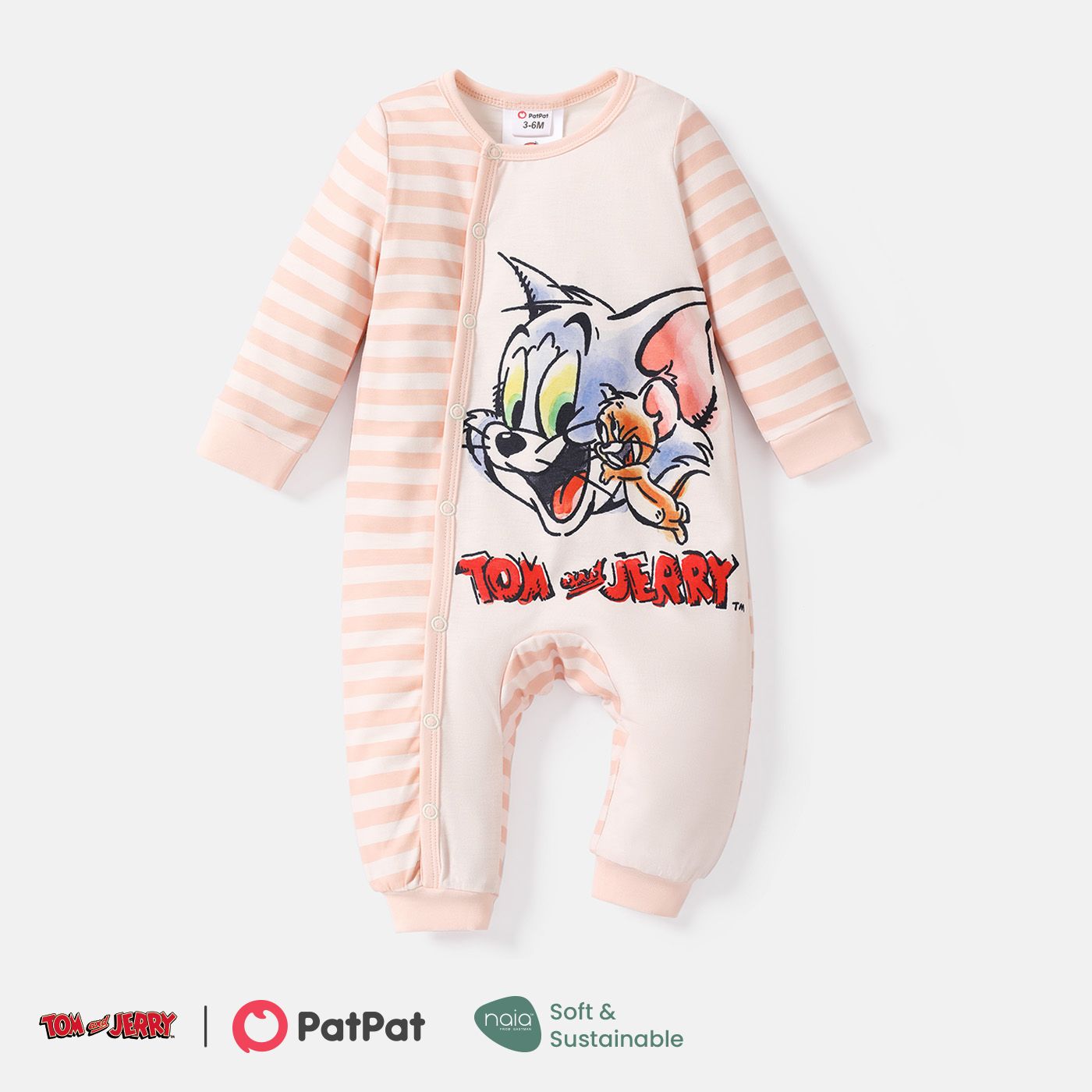 

Tom and Jerry Baby Boy/Girl Long-sleeve Striped Graphic Spliced Naia™ Jumpsuit