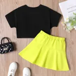 2pcs Kid Girl Letter Print Short-sleeve Cotton Tee and Solid Skirt Set Black image 2