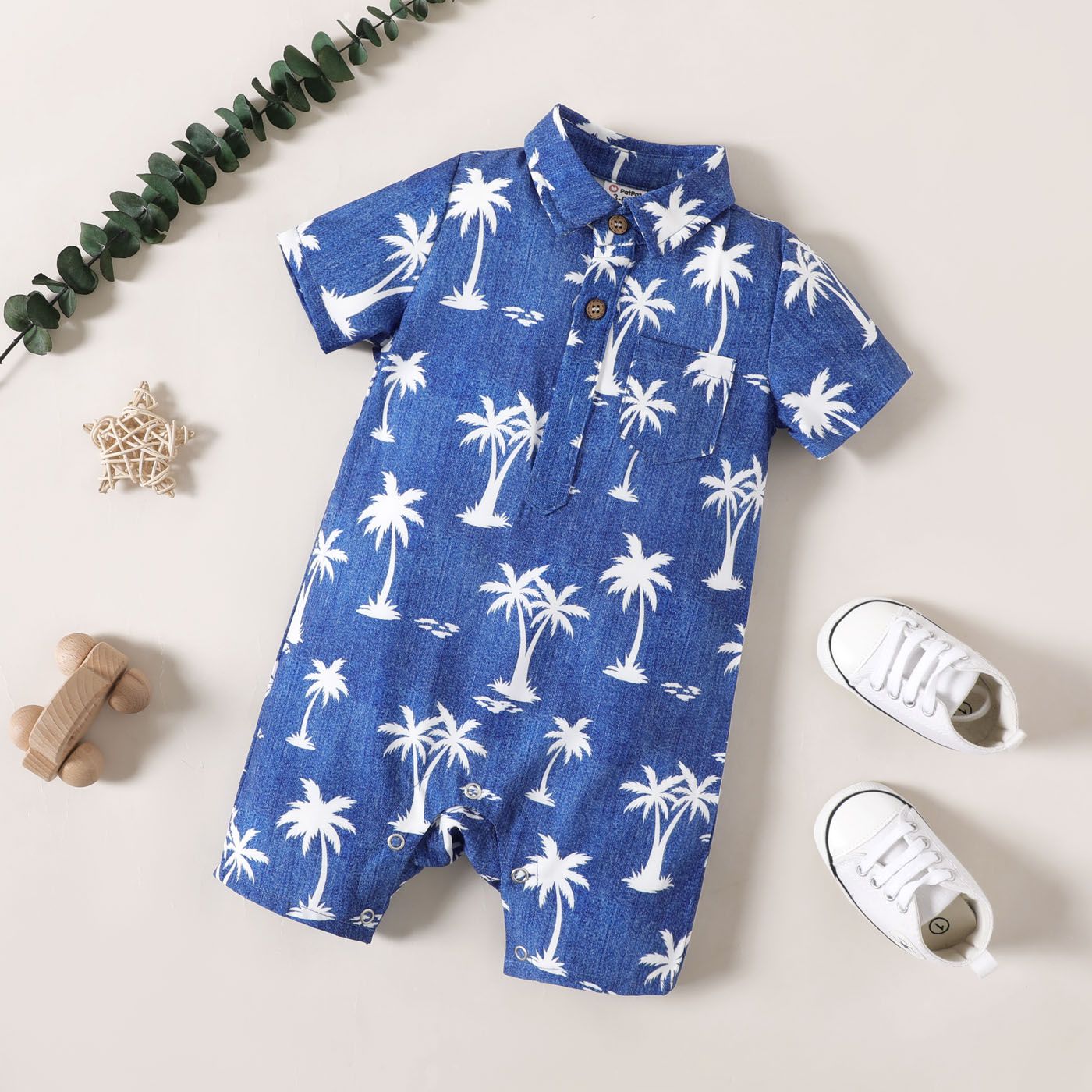 Baby Boy Allover Coconut Tree Print Button Front Short-sleeve Romper
