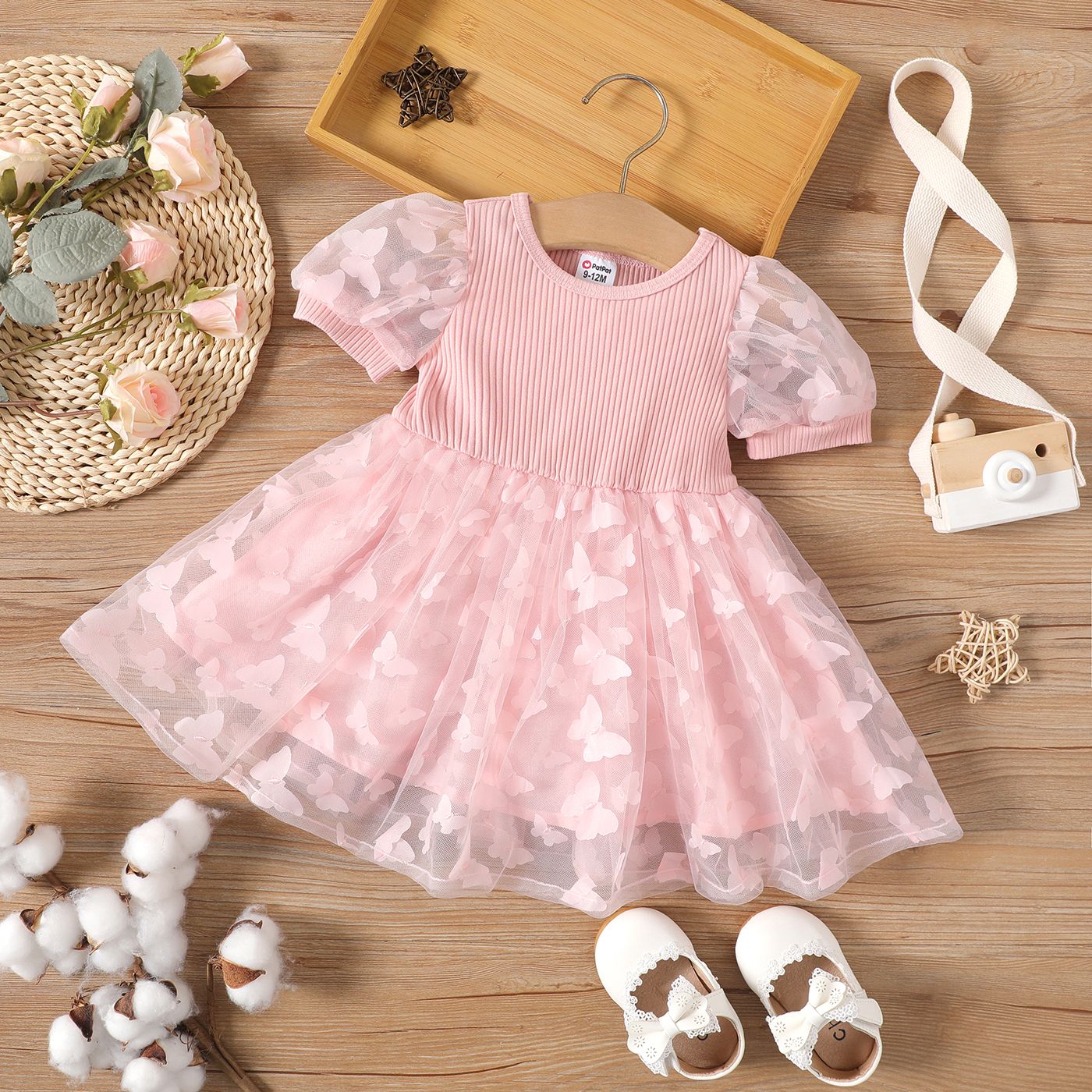 Baby Girl Allover Pink Butterfly Appliques Design Mesh Puff-sleeve Fairy Dress