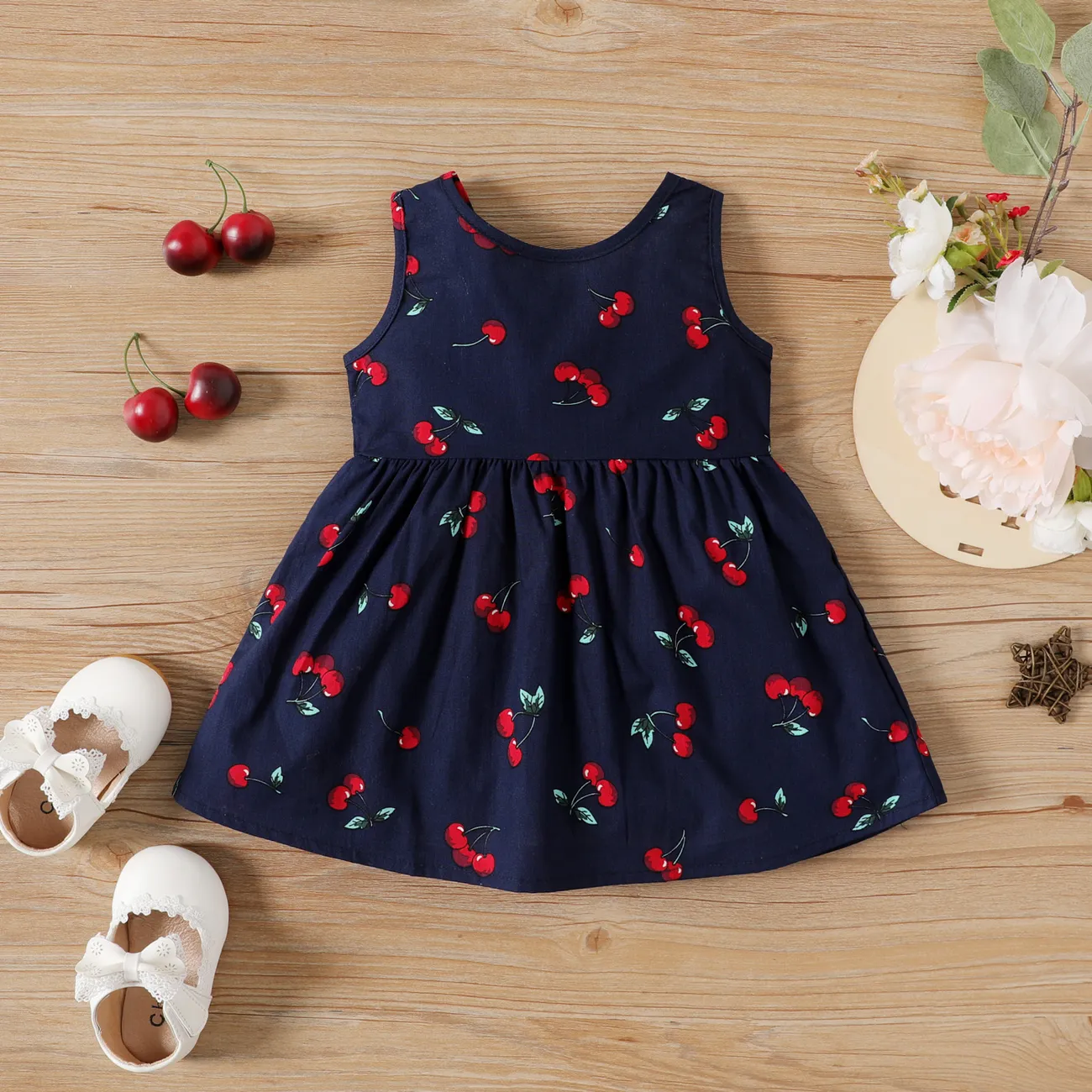 100% Cotton Cherry Print Backless Sleeveless Baby Dress  big image 1