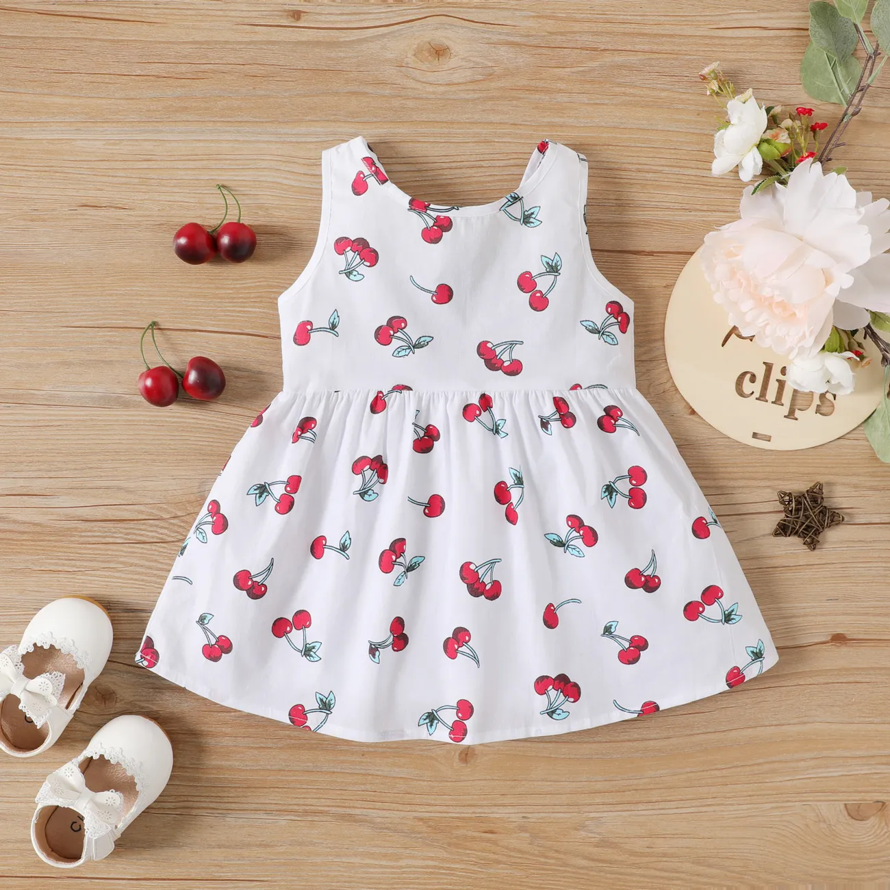 100% Cotton Cherry Print Backless Sleeveless Baby Dress White big image 1