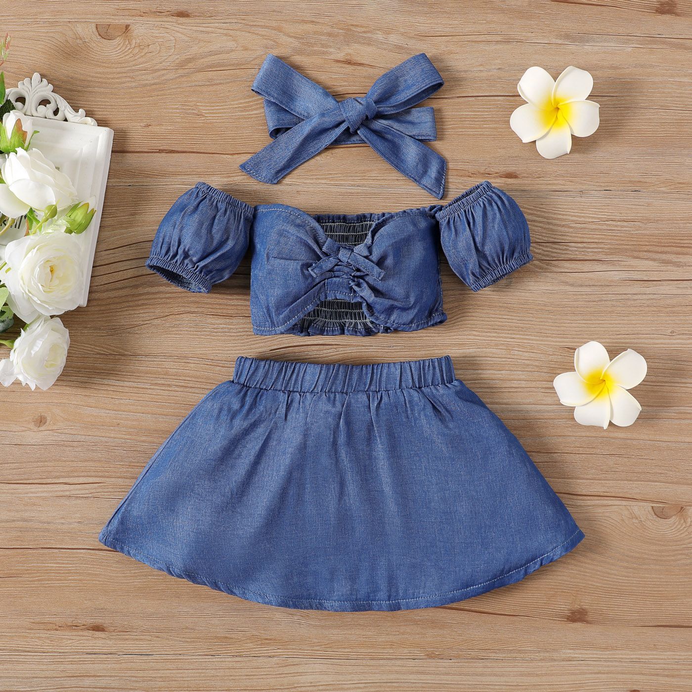 2pcs Baby Girl Blue Off Shoulder Puff-sleeve Shirred Ruched Crop Top & Skirt Set