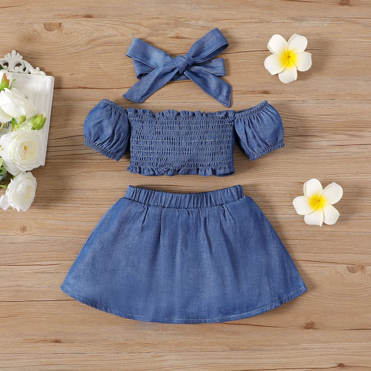 2pcs Baby Girl Blue Off Shoulder Puff-sleeve Shirred Ruched Crop Top & Skirt Set Blue big image 1