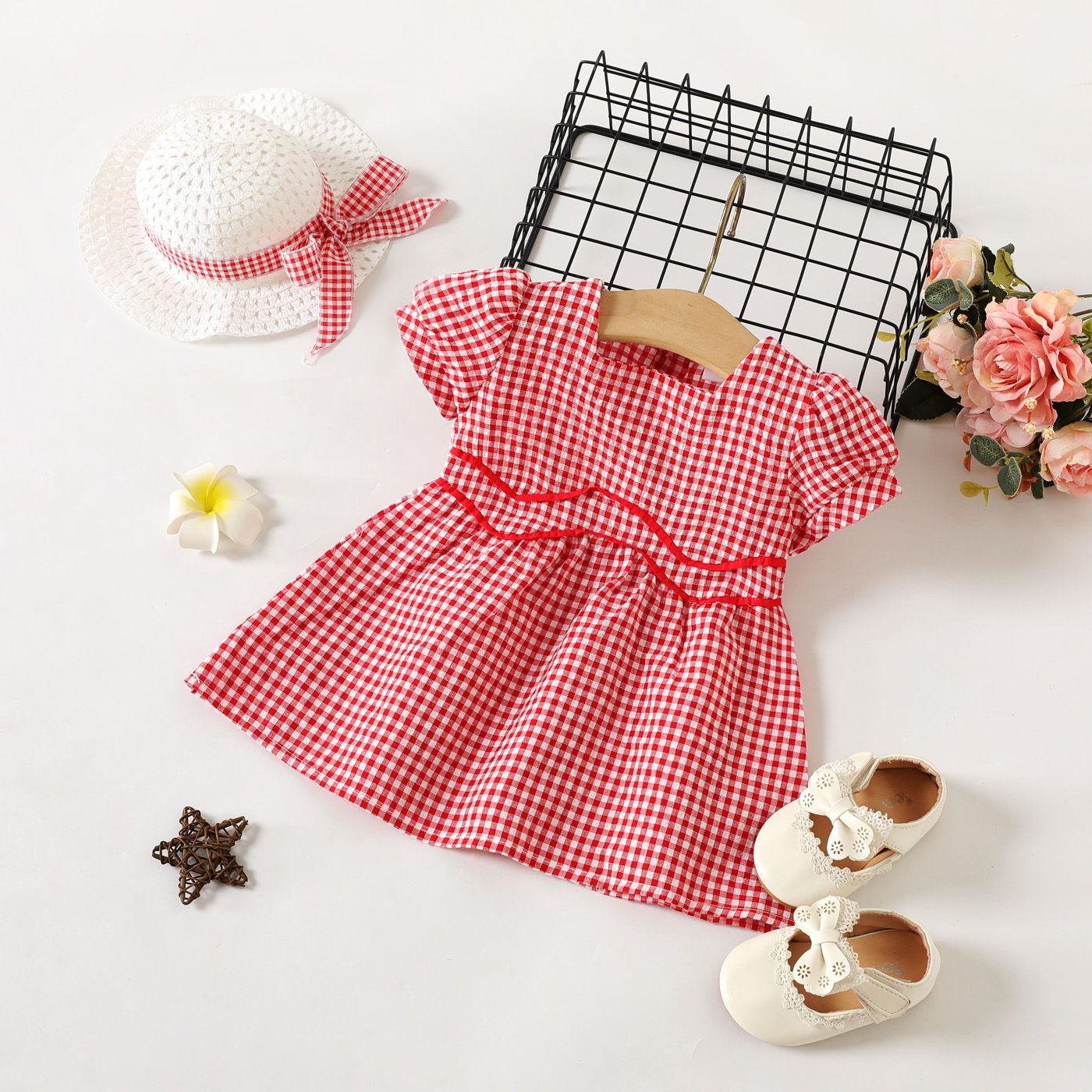 

2pcs Baby Girl Red Gingham Square Neck Puff-sleeve Dress with Hat Set