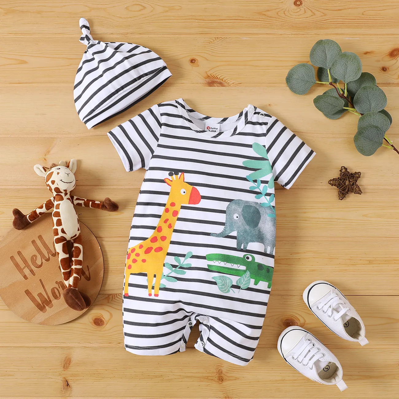 2pcs Baby Boy/Girl 100% Cotton Animal Print Striped Short-sleeve Romper & Hat Set  big image 1