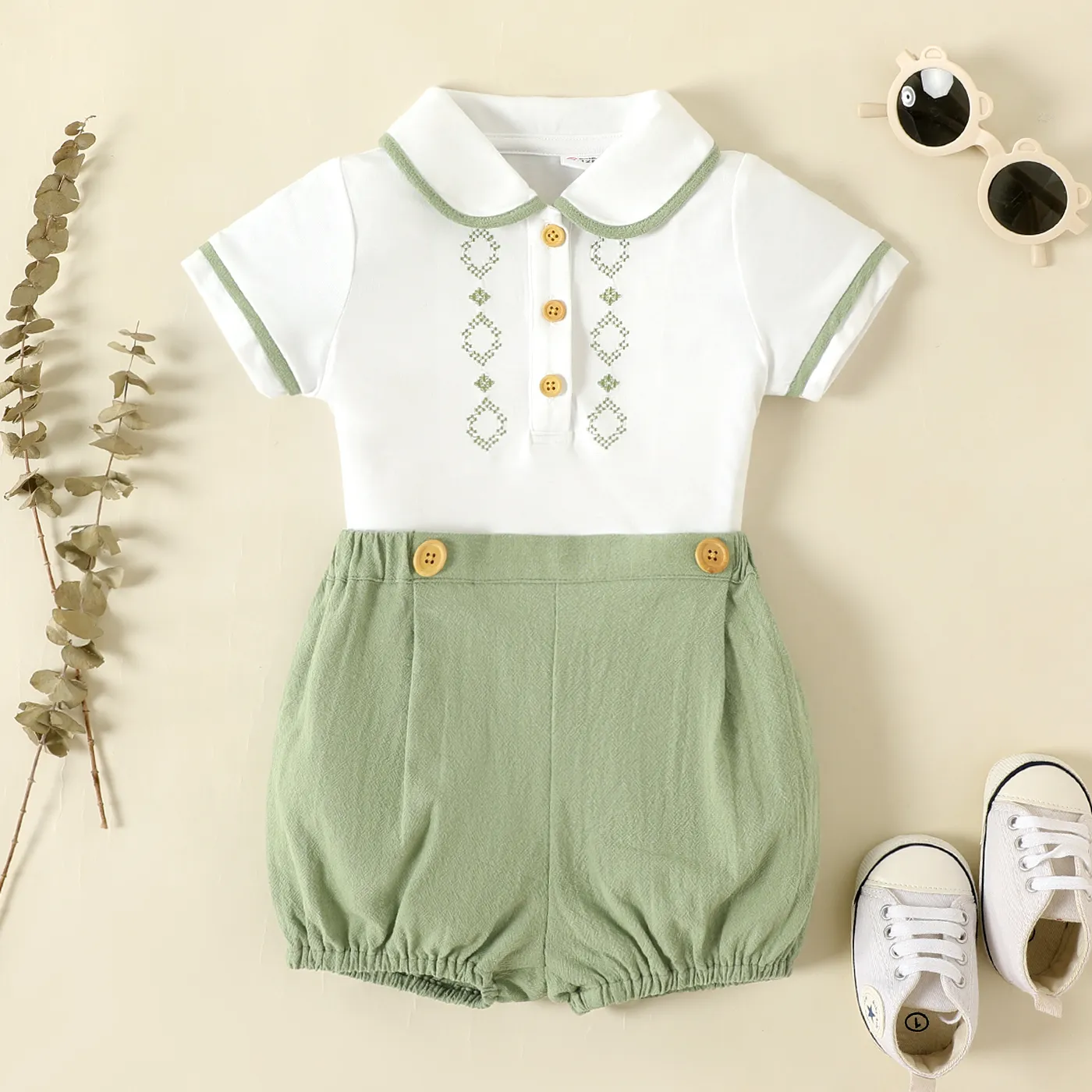 2pcs Baby Boy/Girl 100% Cotton Solid Shorts and Embroidered Short-sleeve Polo Shirt Set Army green image 3