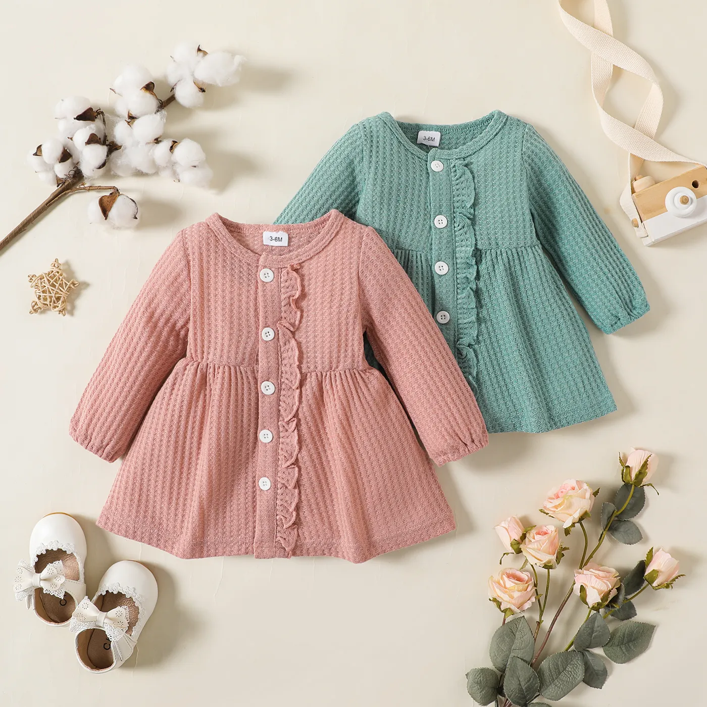 Baby Girl Solid Waffle Textured Ruffled Button Front Long-sleeve Dress  image 2