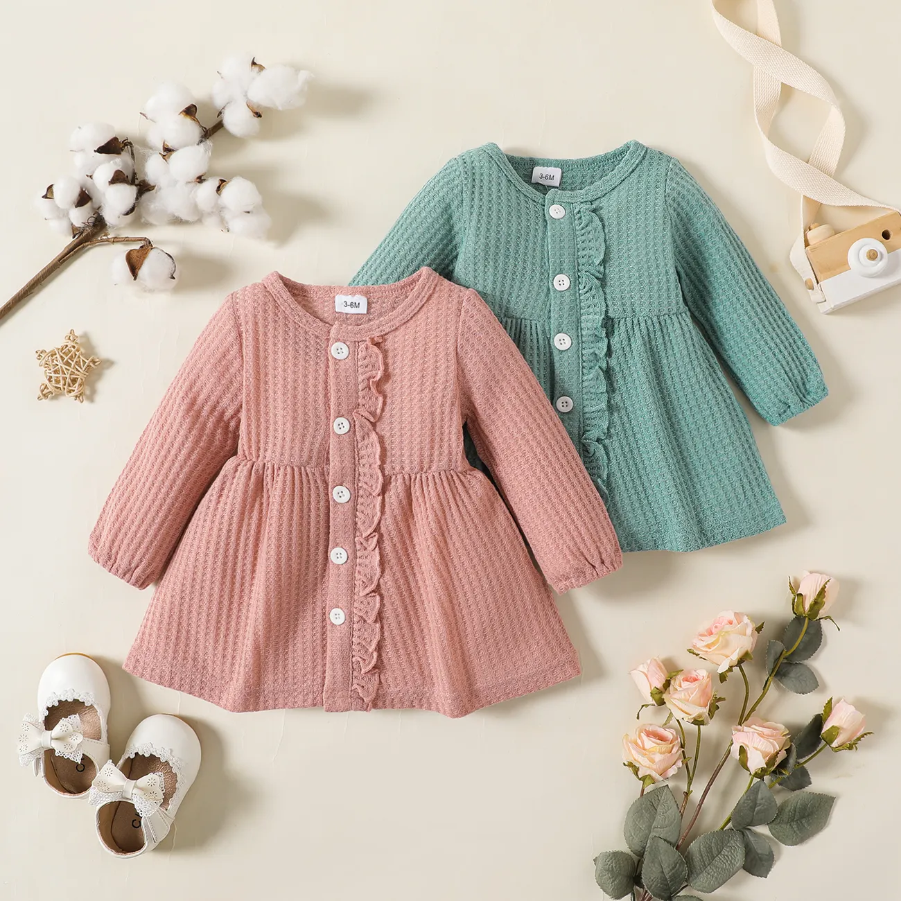 Baby Girl Solid Waffle Textured Ruffled Button Front Long-sleeve Dress Turquoise big image 1