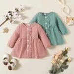 Baby Girl Solid Waffle Textured Ruffled Button Front Long-sleeve Dress  image 2