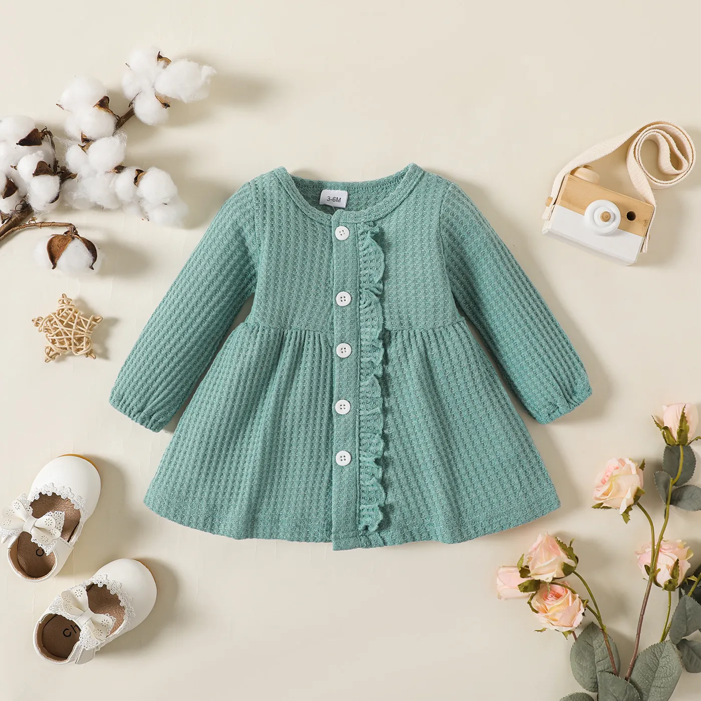 Baby Girl Solid Waffle Textured Ruffled Button Front Long-sleeve Dress  big image 1