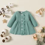 Baby Girl Solid Waffle Textured Ruffled Button Front Long-sleeve Dress Turquoise