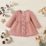 Baby Girl Solid Waffle Textured Ruffled Button Front Long-sleeve Dress Pink
