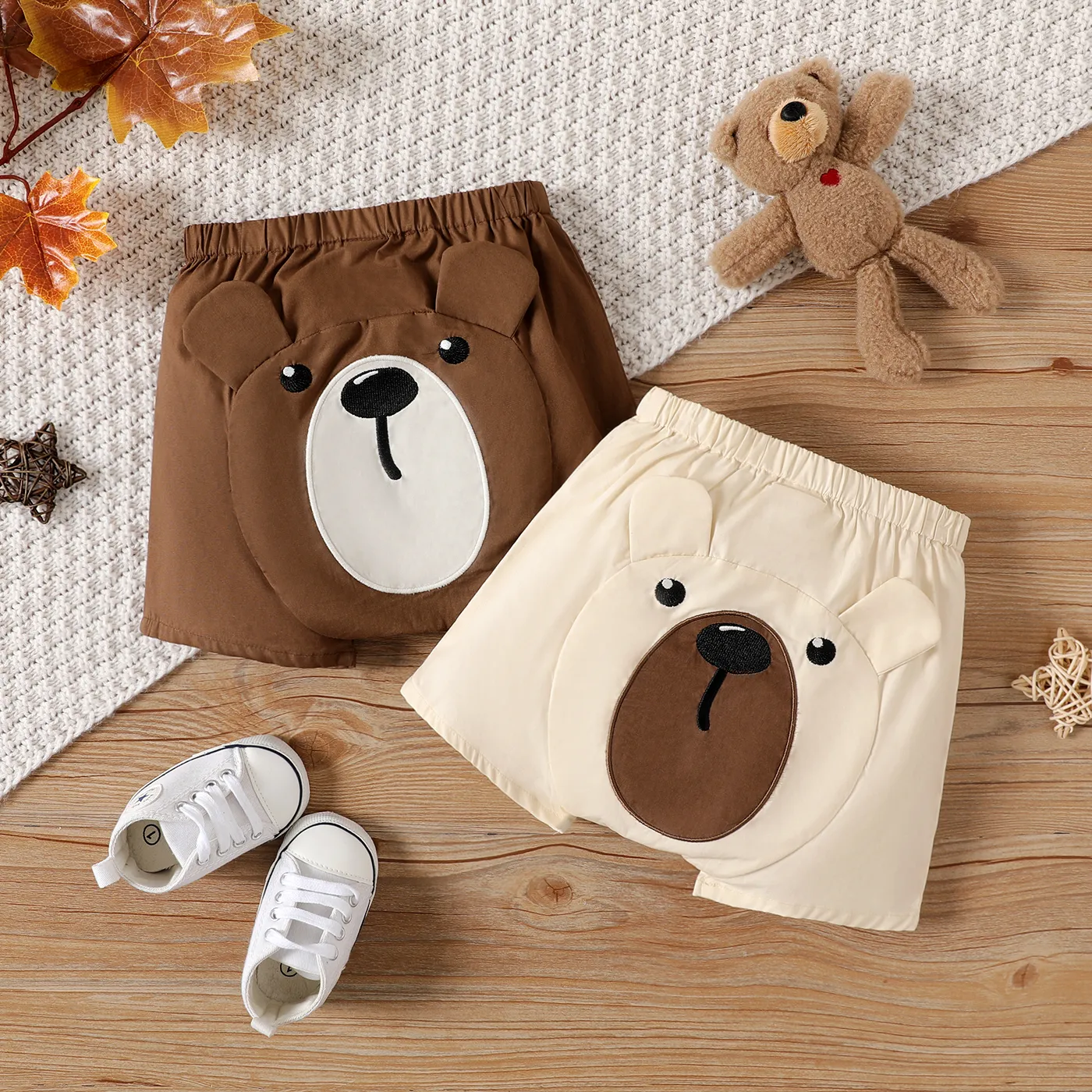Baby Boy 100% Cotton 3D Ears Detail Bear Print Shorts Brown- image 2