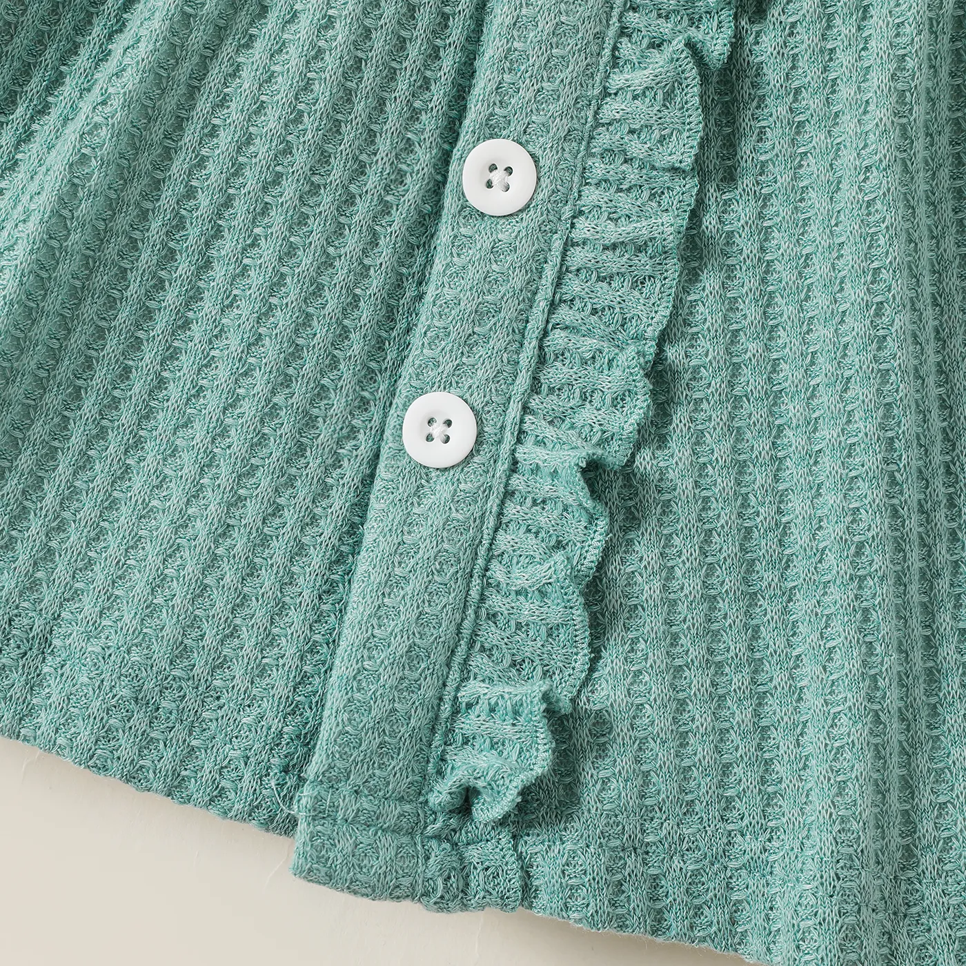 Baby Girl Solid Waffle Textured Ruffled Button Front Long-sleeve Dress  image 5