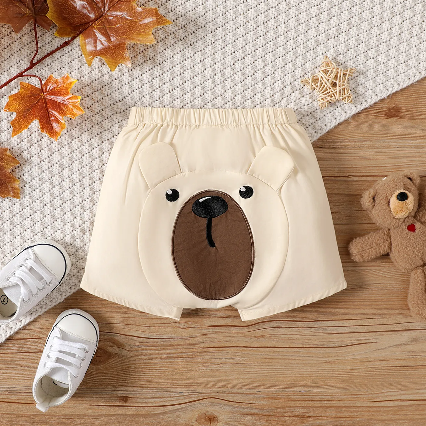 Baby Boy 100% Cotton 3D Ears Detail Bear Print Shorts LightApricot